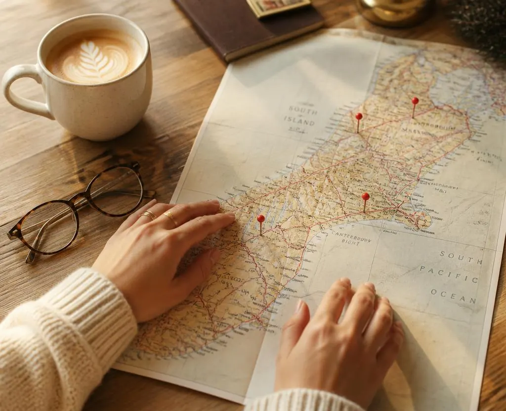 Mapa de viaje con marcadores y café sobre mesa de madera