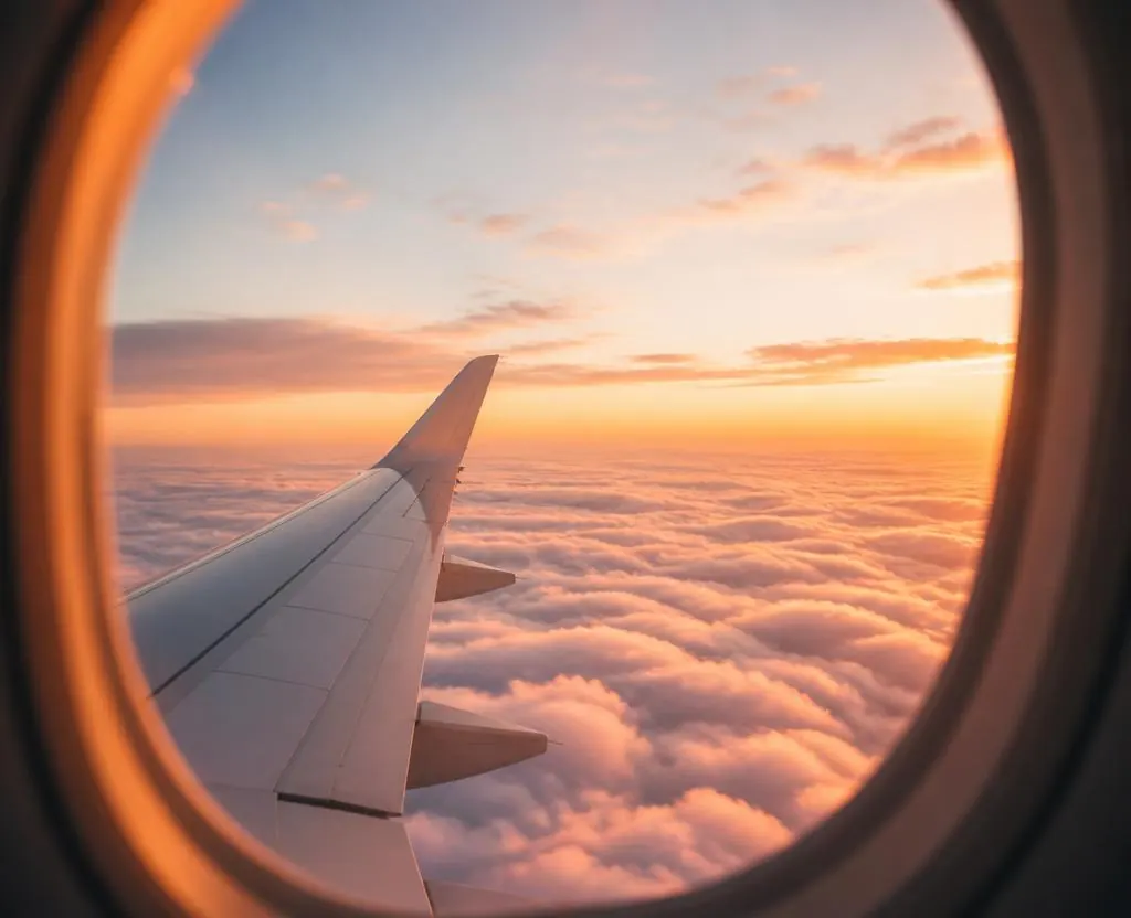 Vista desde ventana de avión al atardecer sobre las nubes