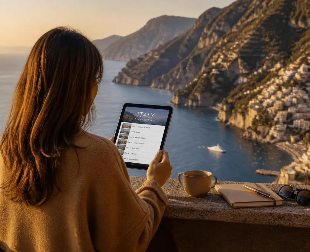 Persona con tablet mirando el mar al atardecer