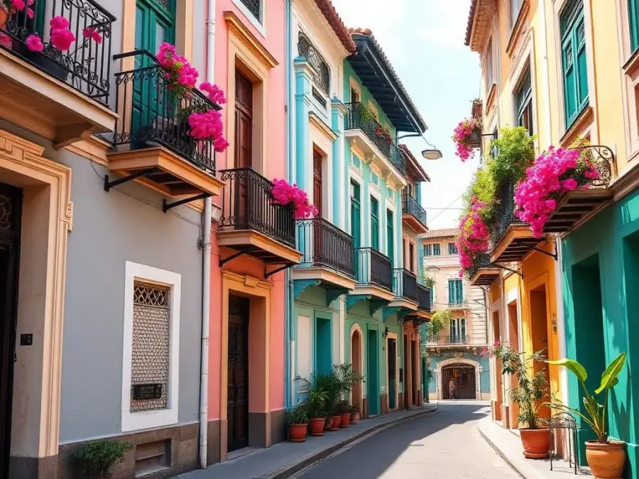Calle colonial con balcones y flores en Cartagena