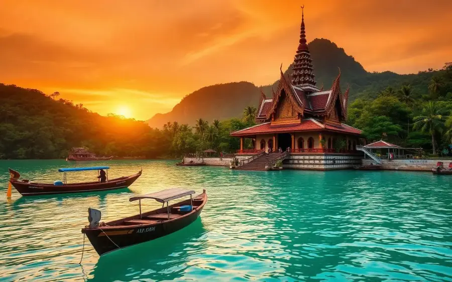 Templo tropical del sudeste asiático junto al mar turquesa