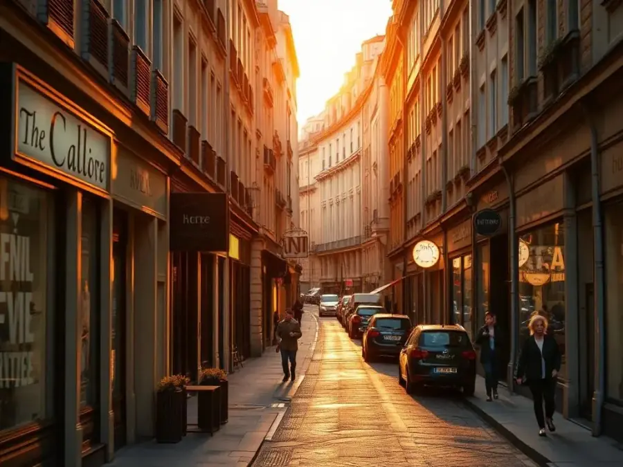 Calle europea al atardecer