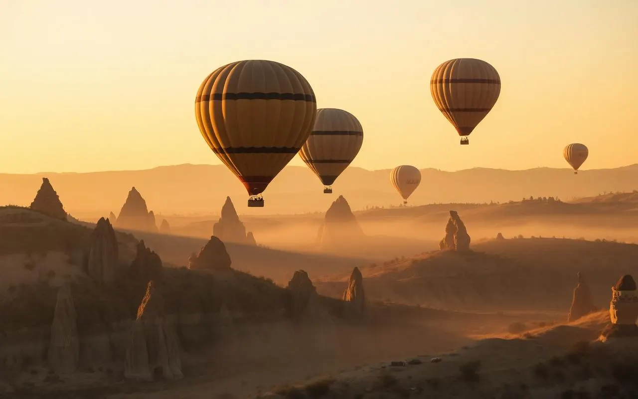 Globos sobre las chimeneas de hadas de Capadocia al amanecer